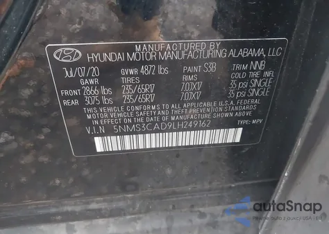 2020 Hyundai Santa Fe Sel из США, поврежденный, VIN 5NMS3CAD9LH249162